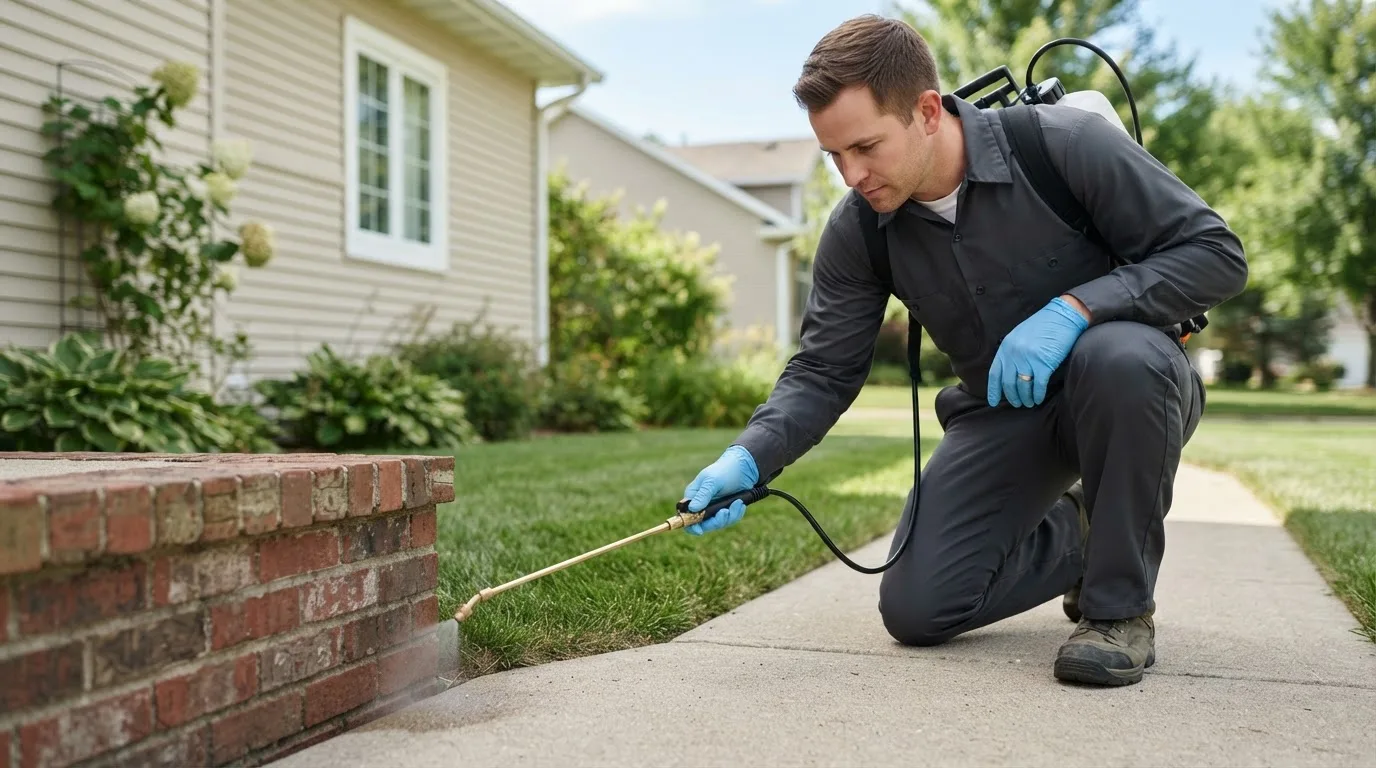Pest control technician treating a home near Maquon, IL