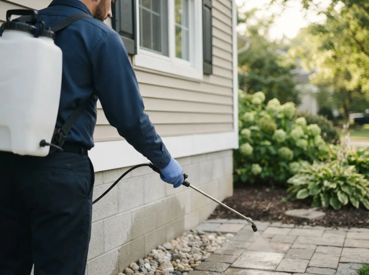Pest control technician inspecting a home in Maquon, IL